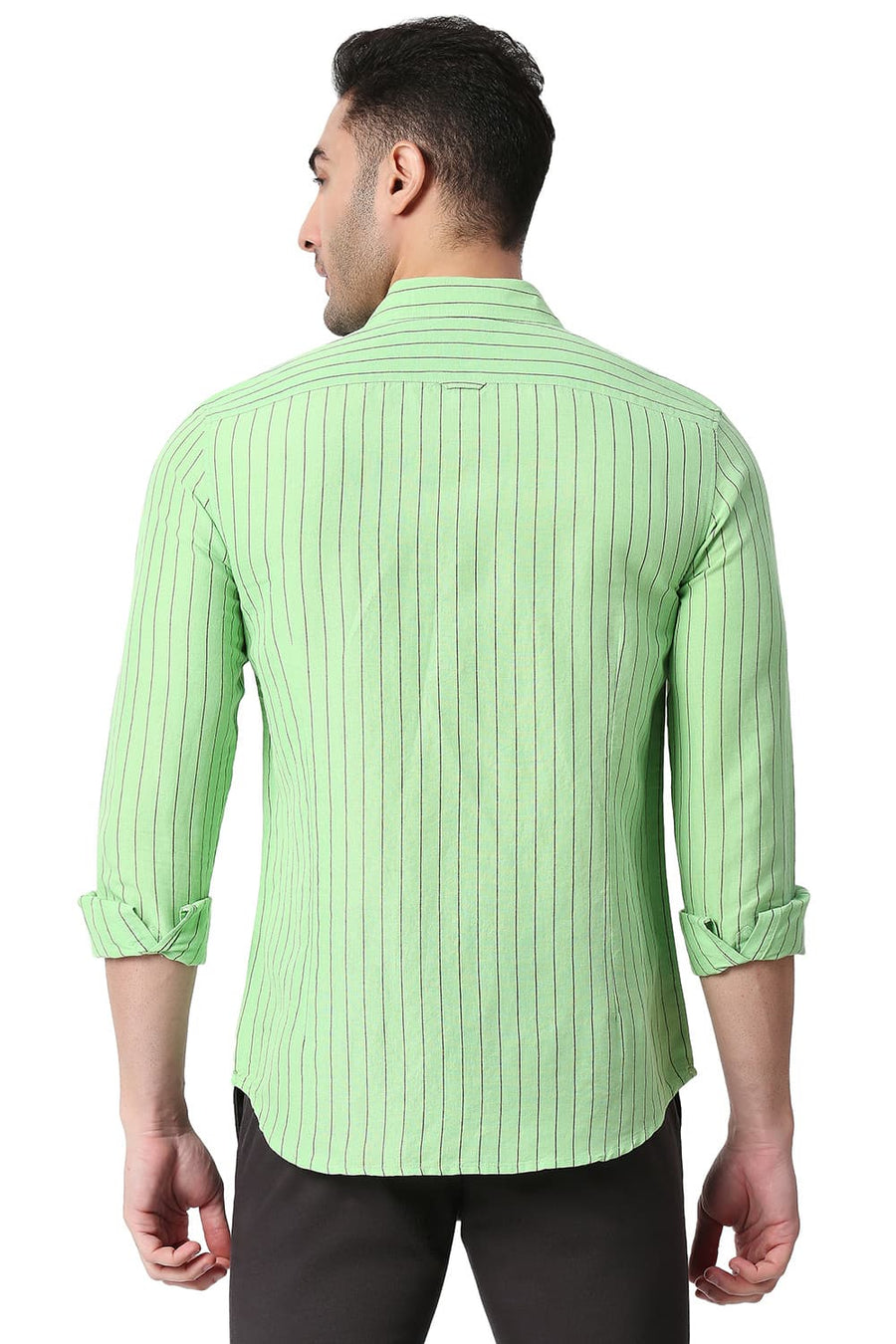 BASICS SLIM FIT PEPPERMINT GREEN COTTON LINEN STRIPE SHIRT