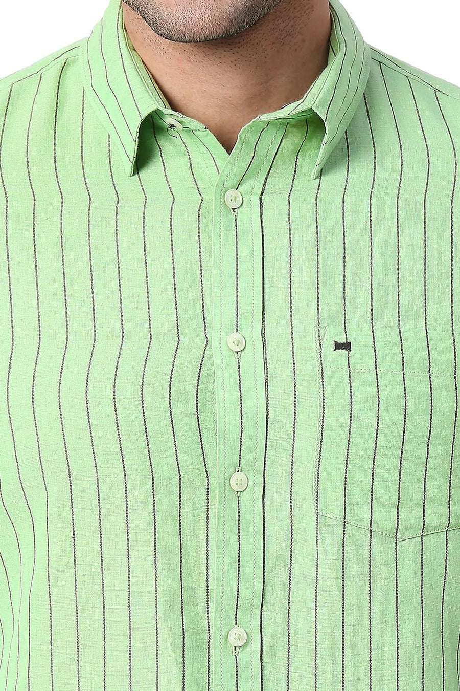 BASICS SLIM FIT PEPPERMINT GREEN COTTON LINEN STRIPE SHIRT