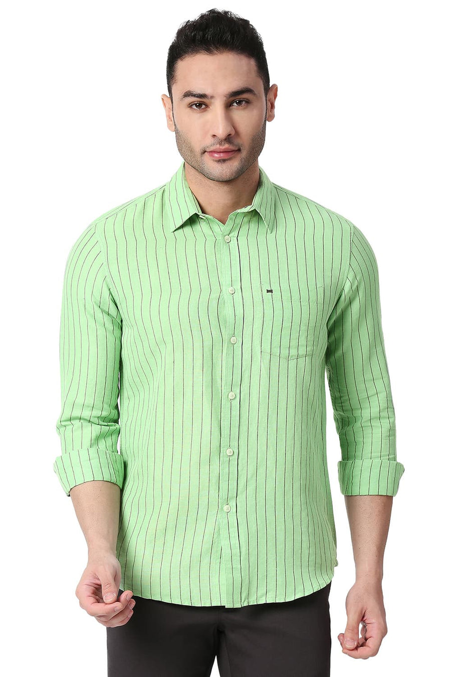 BASICS SLIM FIT PEPPERMINT GREEN COTTON LINEN STRIPE SHIRT