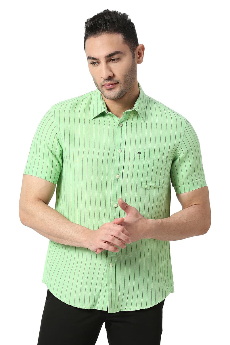 BASICS SLIM FIT COTTON LINEN STRIPE SHIRT