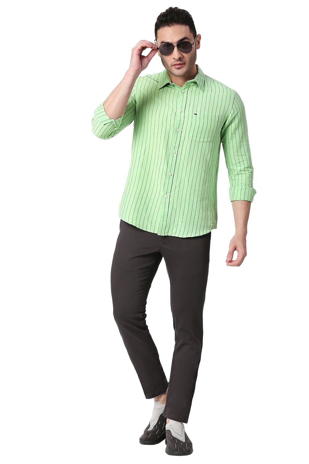 BASICS SLIM FIT COTTON LINEN STRIPE SHIRT