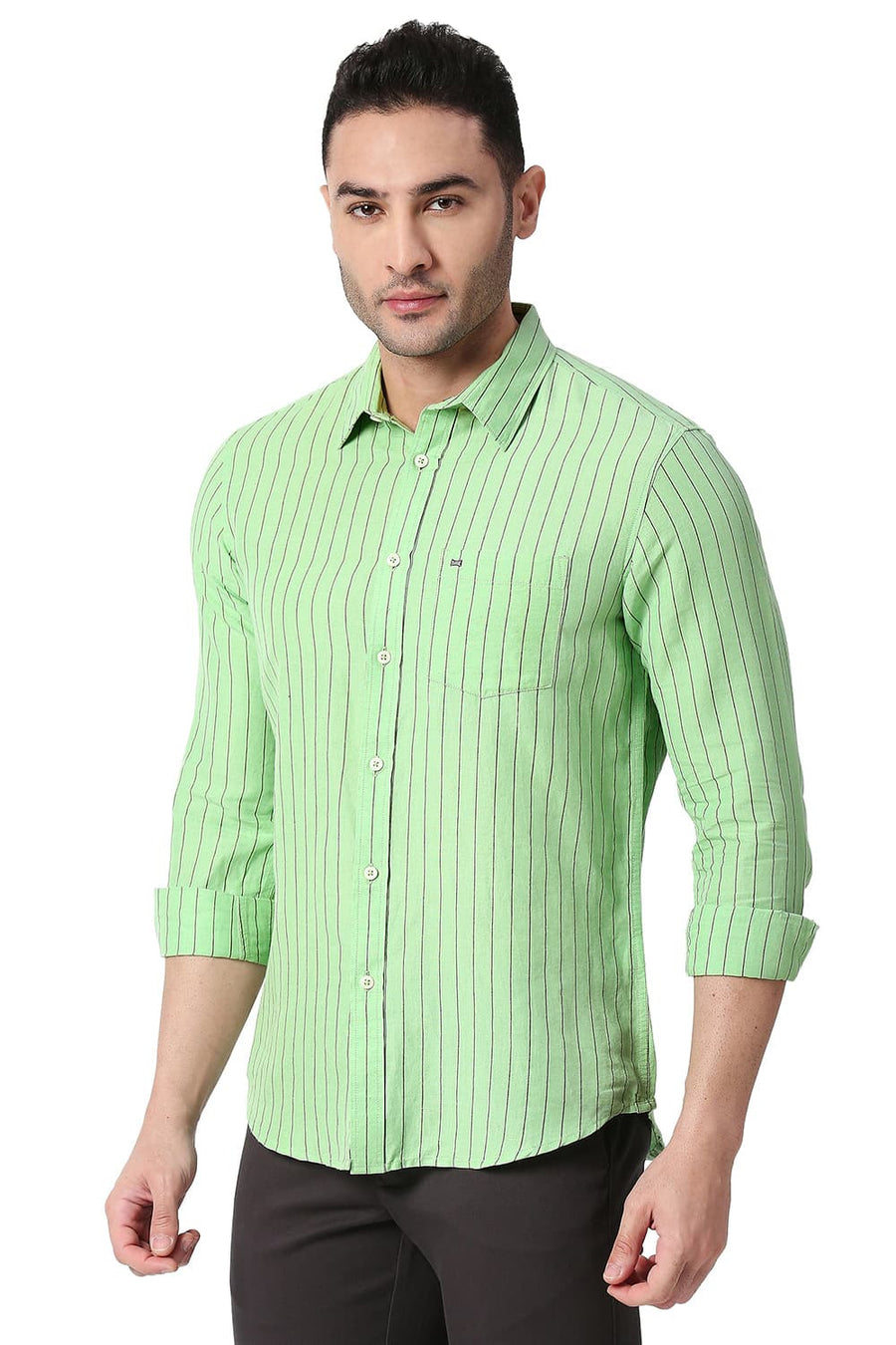 BASICS SLIM FIT PEPPERMINT GREEN COTTON LINEN STRIPE SHIRT