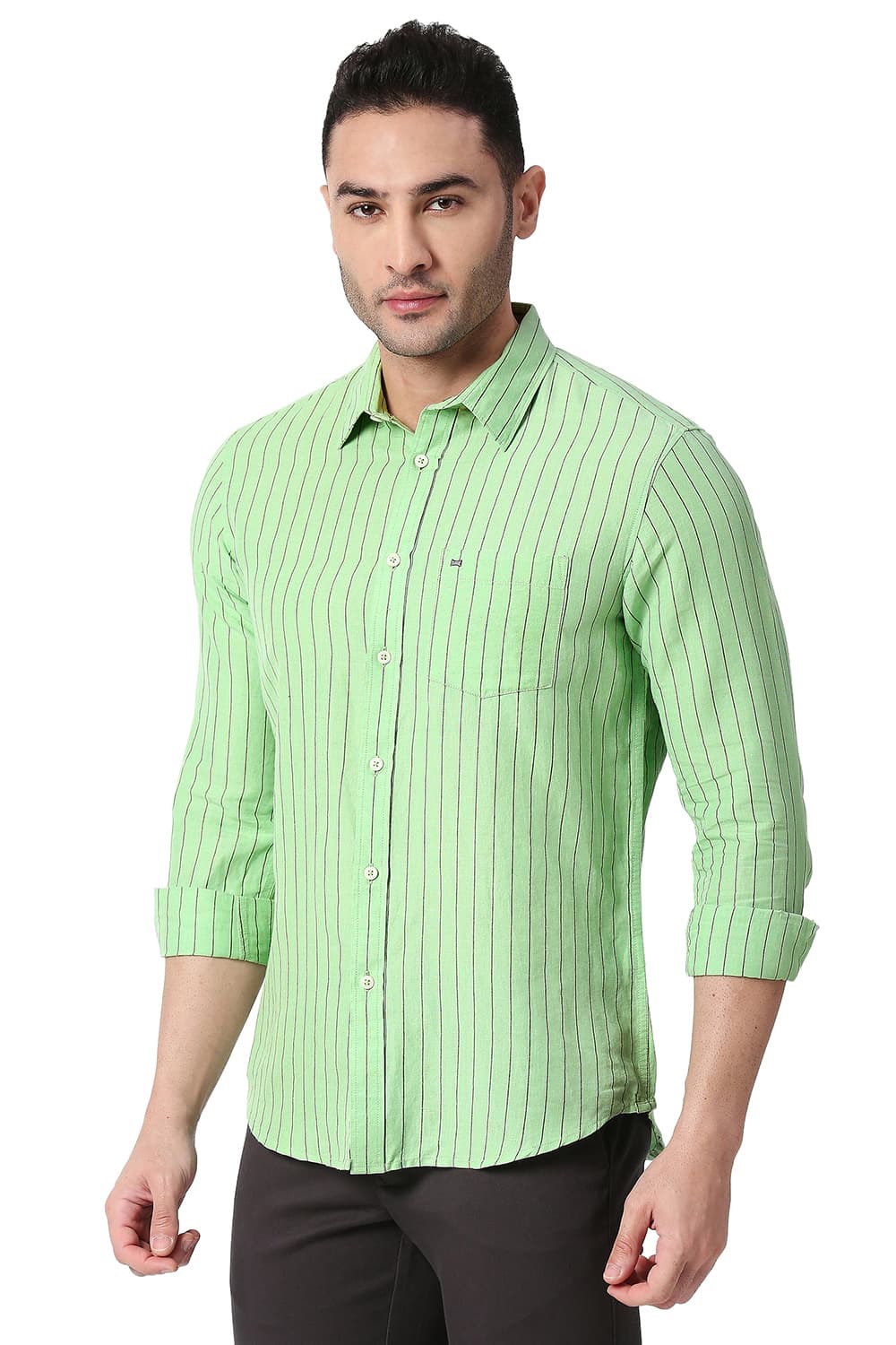 BASICS SLIM FIT COTTON LINEN STRIPE SHIRT