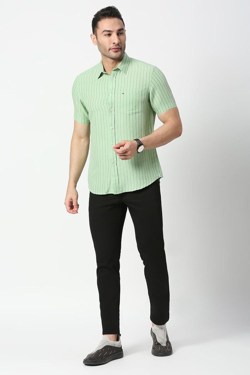 Slim Fit Cotton Linen Stripe Halfsleeves Shirt