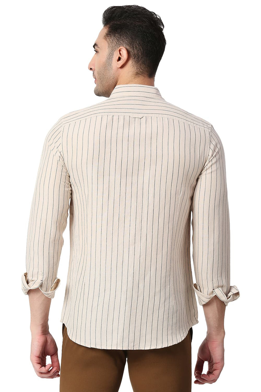 BASICS SLIM FIT PEBBLE BEIGE COTTON LINEN STRIPE SHIRT