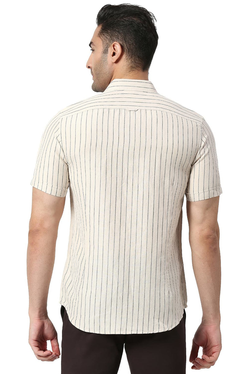 BASICS SLIM FIT COTTON LINEN STRIPE HALFSLEEVES SHIRT