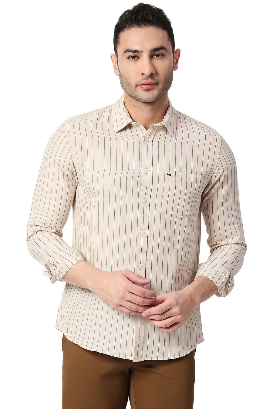 BASICS SLIM FIT PEBBLE BEIGE COTTON LINEN STRIPE SHIRT