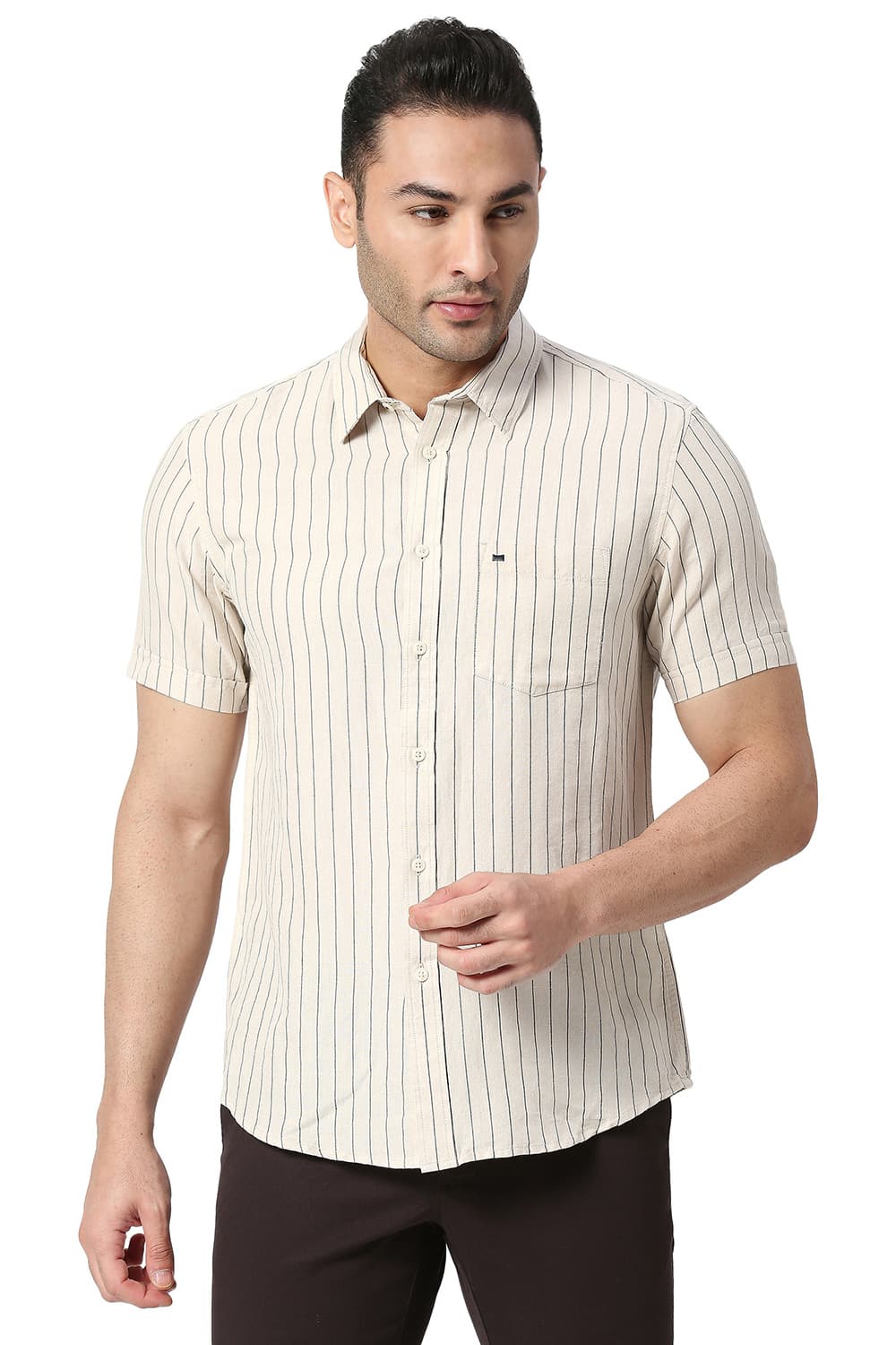 BASICS SLIM FIT COTTON LINEN STRIPE HALFSLEEVES SHIRT