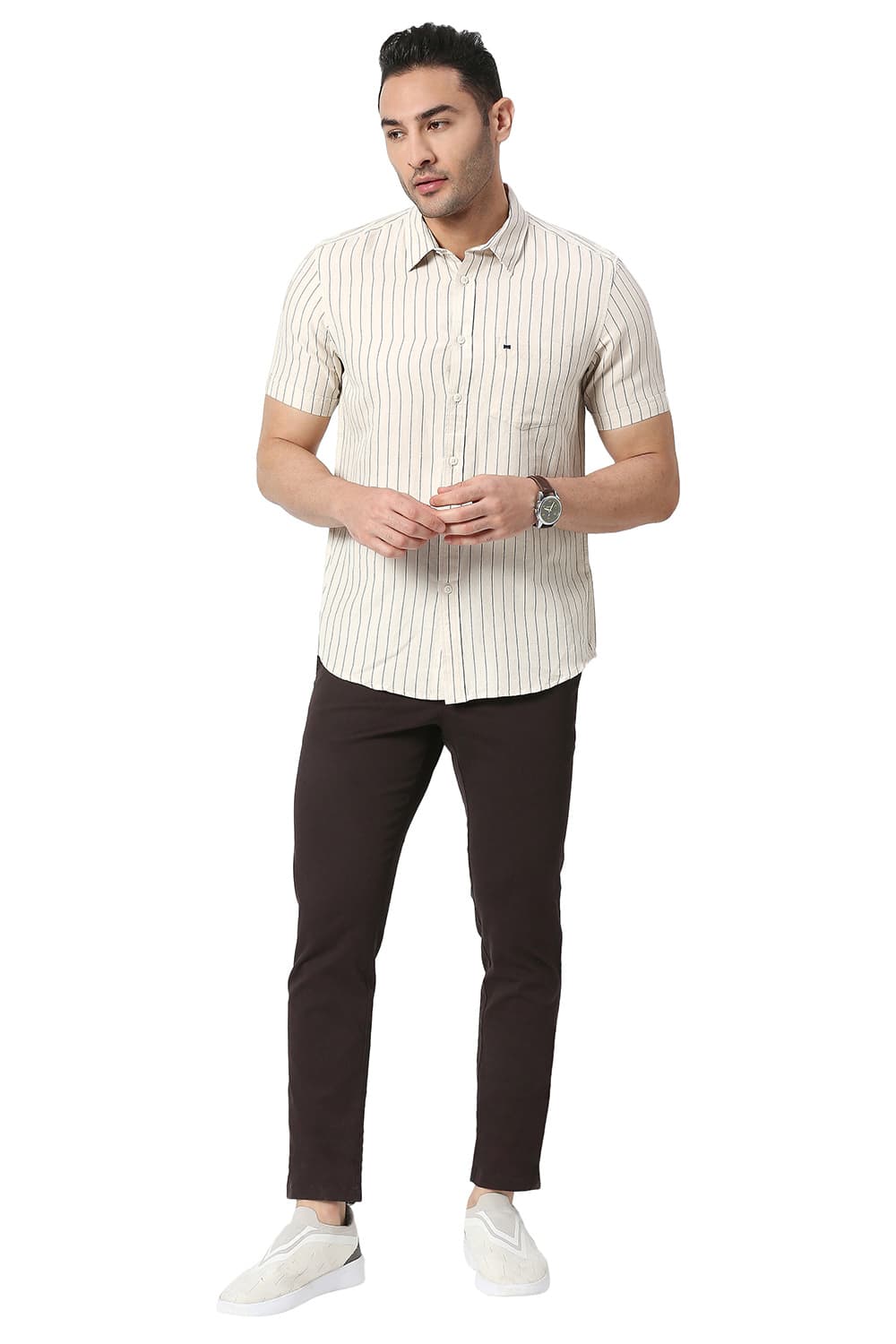 BASICS SLIM FIT COTTON LINEN STRIPE HALFSLEEVES SHIRT