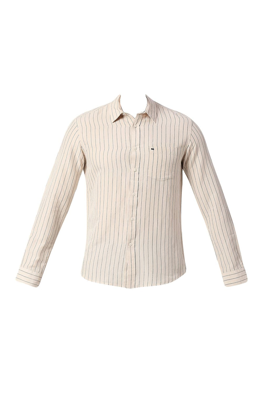 BASICS SLIM FIT PEBBLE BEIGE COTTON LINEN STRIPE SHIRT