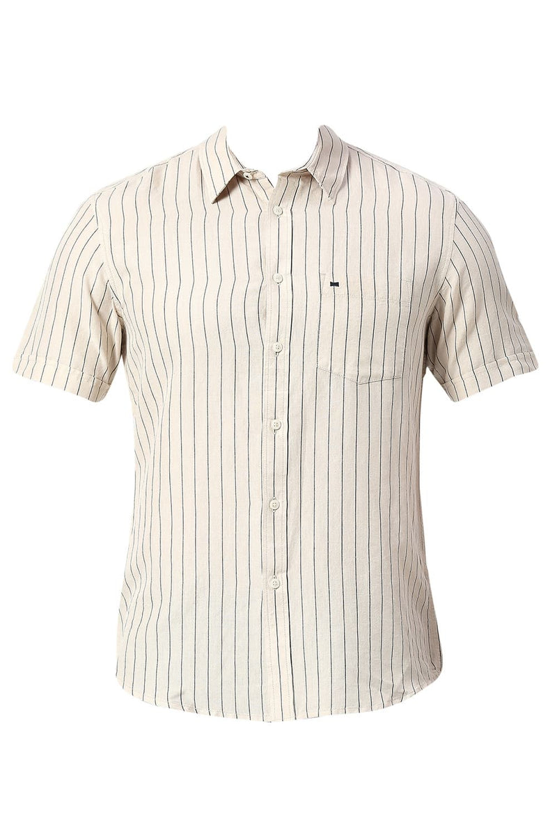 BASICS SLIM FIT COTTON LINEN STRIPE HALFSLEEVES SHIRT