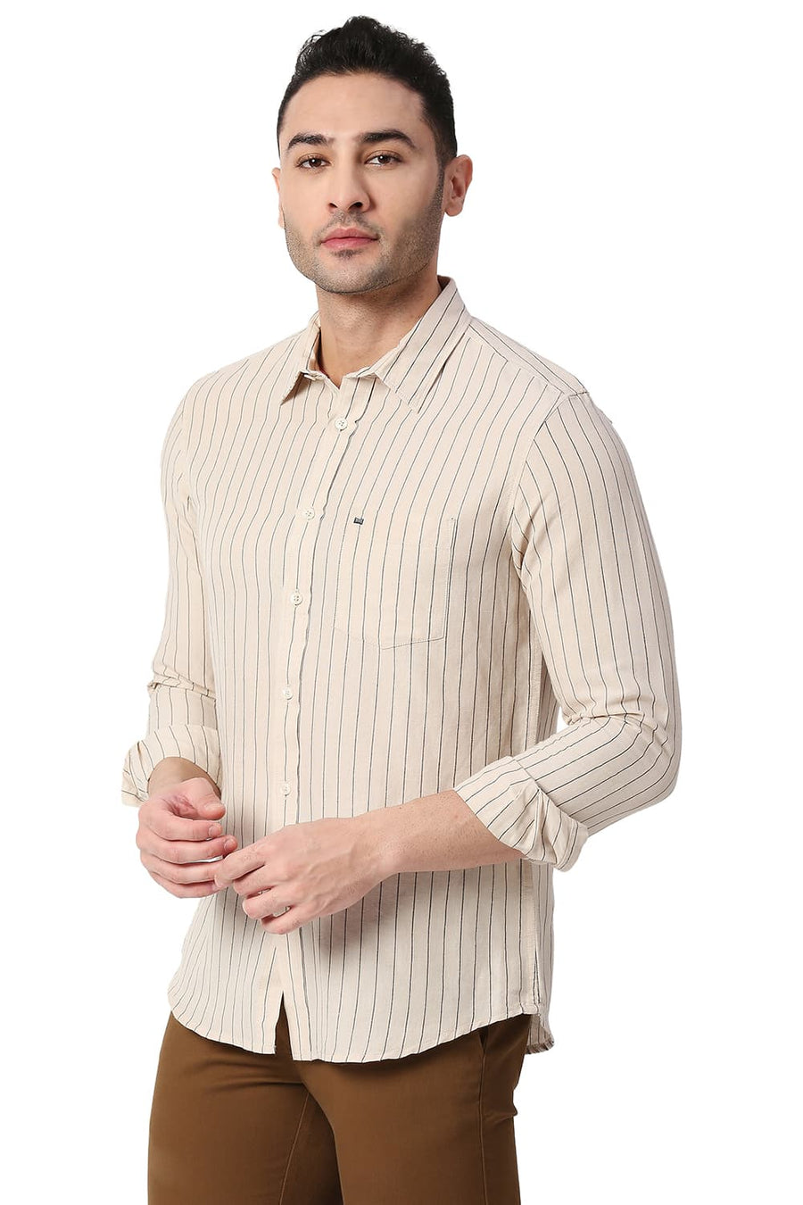 BASICS SLIM FIT PEBBLE BEIGE COTTON LINEN STRIPE SHIRT