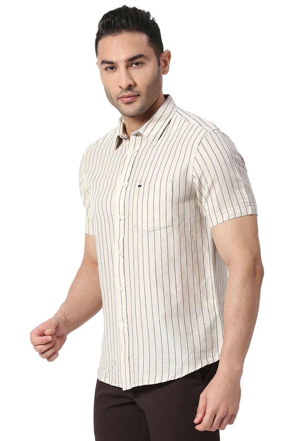 BASICS SLIM FIT COTTON LINEN STRIPE HALFSLEEVES SHIRT