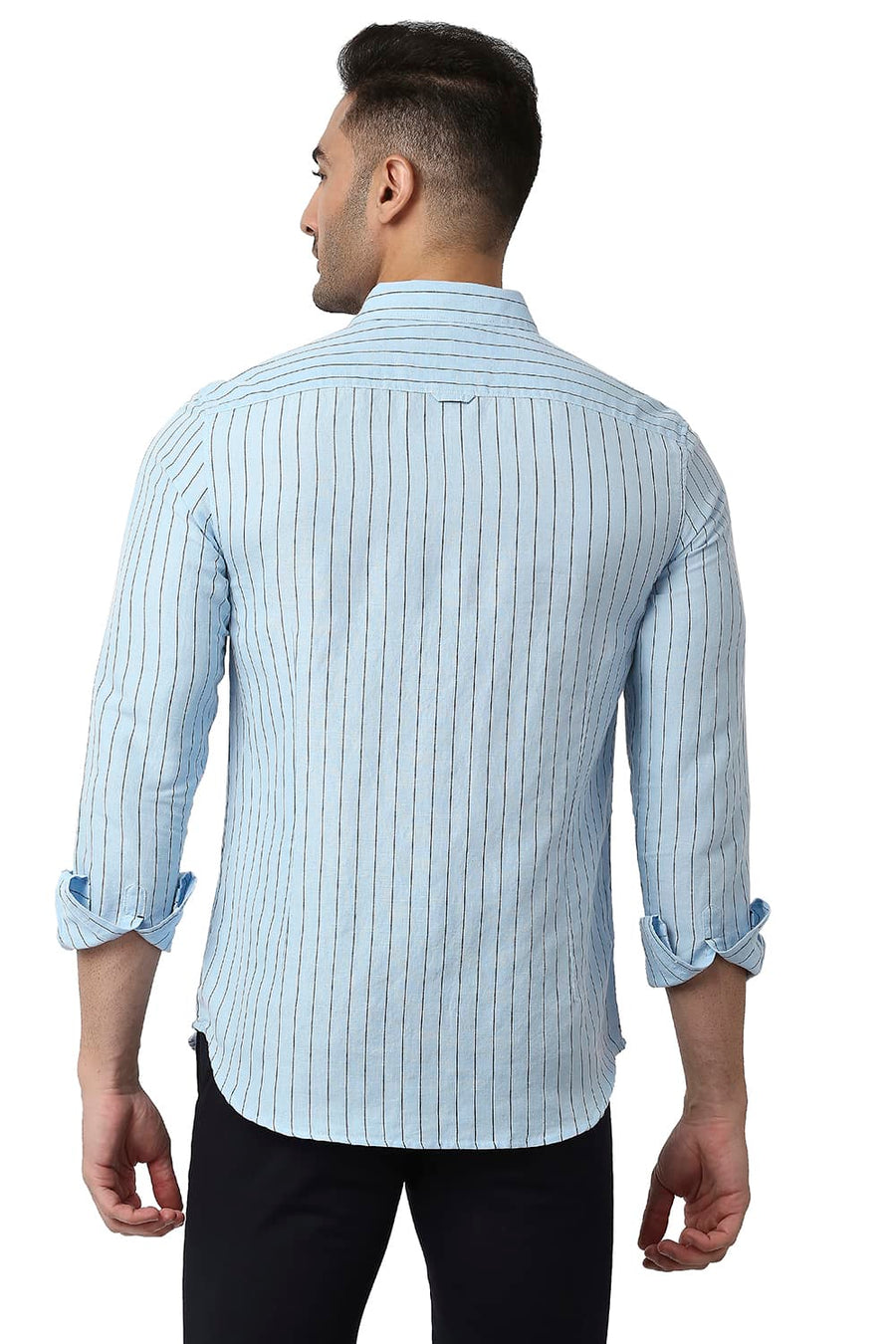 BASICS SLIM FIT STONE BLUE COTTON LINEN STRIPE SHIRT
