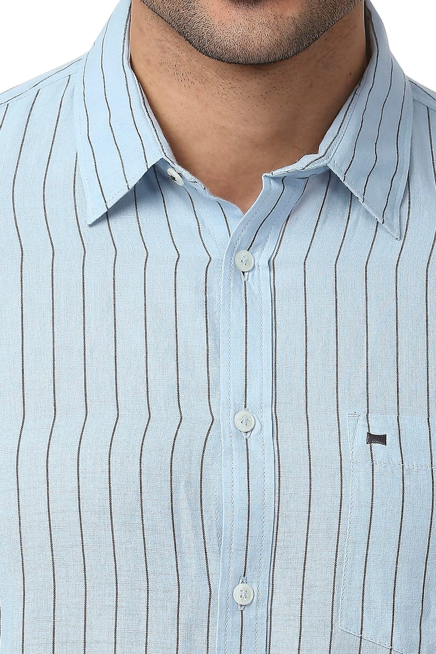 BASICS SLIM FIT STONE BLUE COTTON LINEN STRIPE SHIRT