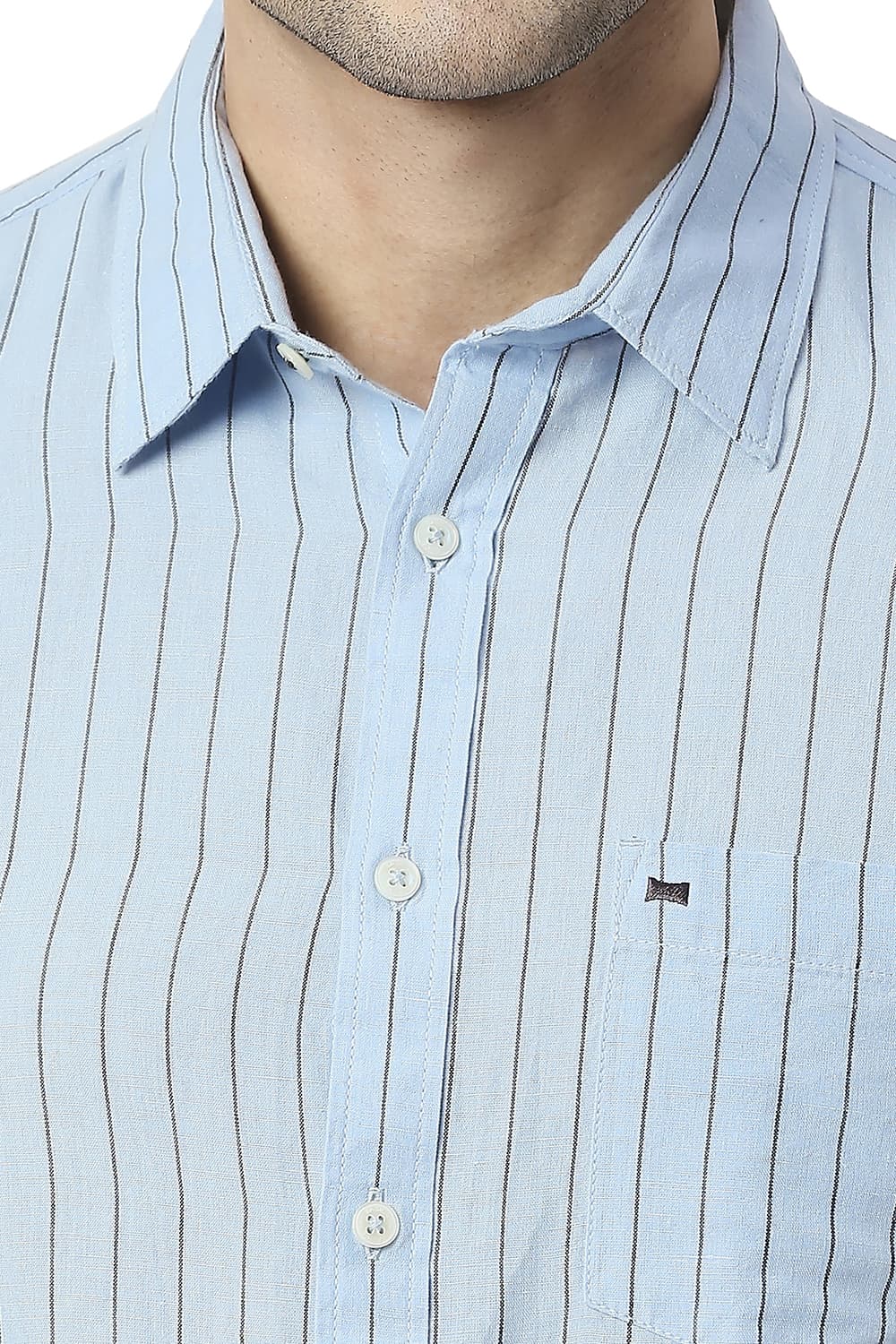 BASICS SLIM FIT COTTON LINEN STRIPE HALFSLEEVES SHIRT