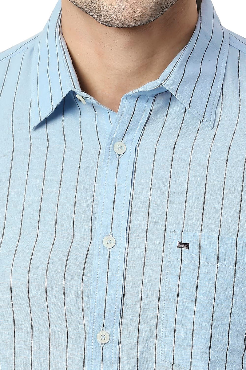 BASICS SLIM FIT COTTON LINEN STRIPE HALFSLEEVES SHIRT