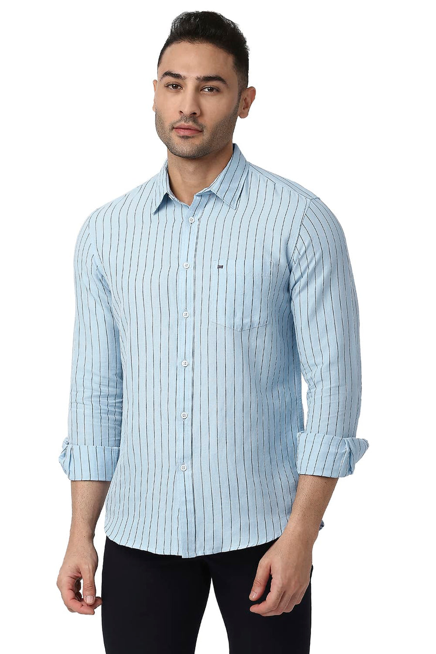 BASICS SLIM FIT STONE BLUE COTTON LINEN STRIPE SHIRT