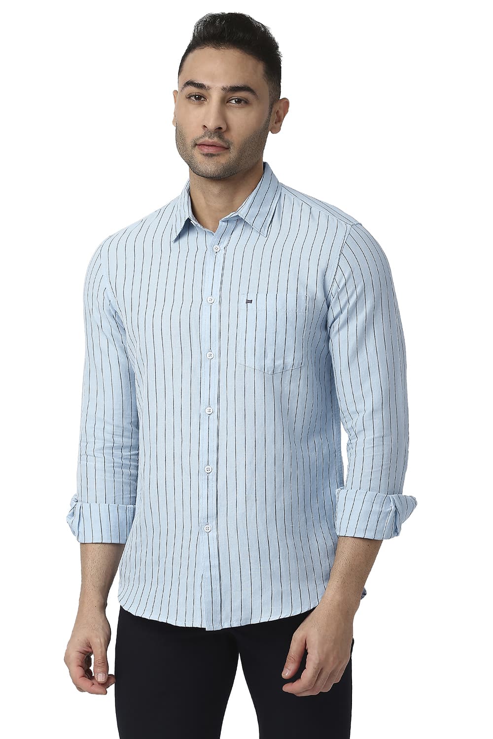 BASICS SLIM FIT COTTON LINEN STRIPE SHIRT