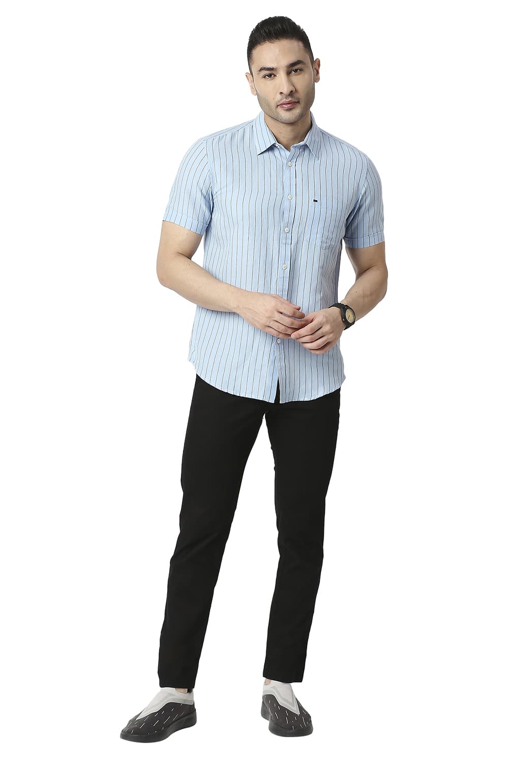 BASICS SLIM FIT COTTON LINEN STRIPE HALFSLEEVES SHIRT