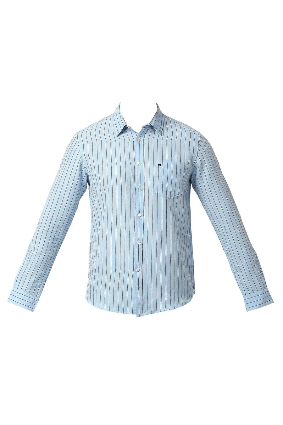 BASICS SLIM FIT STONE BLUE COTTON LINEN STRIPE SHIRT