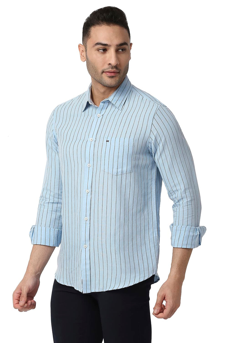 BASICS SLIM FIT STONE BLUE COTTON LINEN STRIPE SHIRT