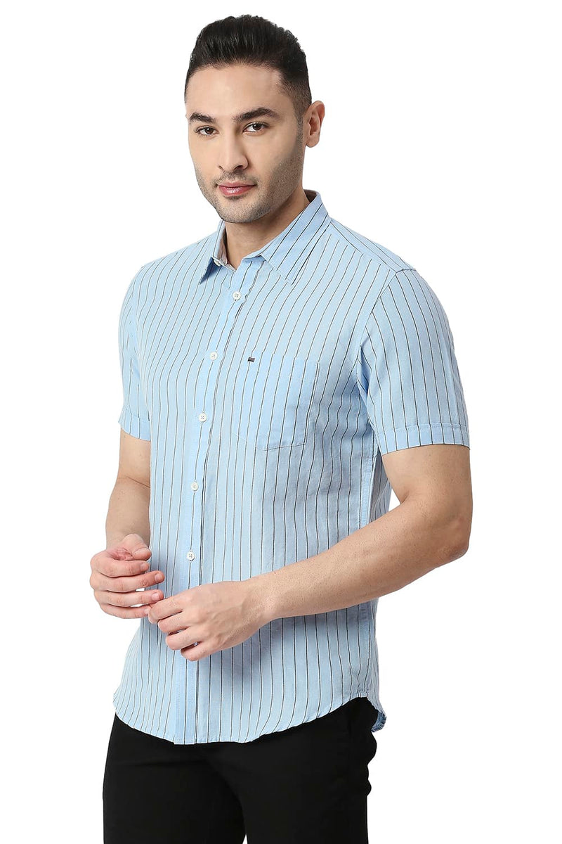 BASICS SLIM FIT COTTON LINEN STRIPE HALFSLEEVES SHIRT