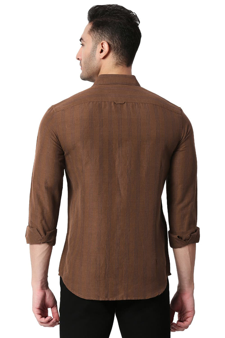 BASICS SLIM FIT COCOA BROWN COTTON LINEN STRIPE SHIRT