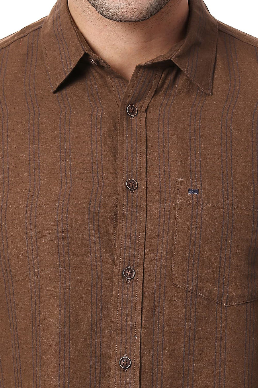 BASICS SLIM FIT COCOA BROWN COTTON LINEN STRIPE SHIRT