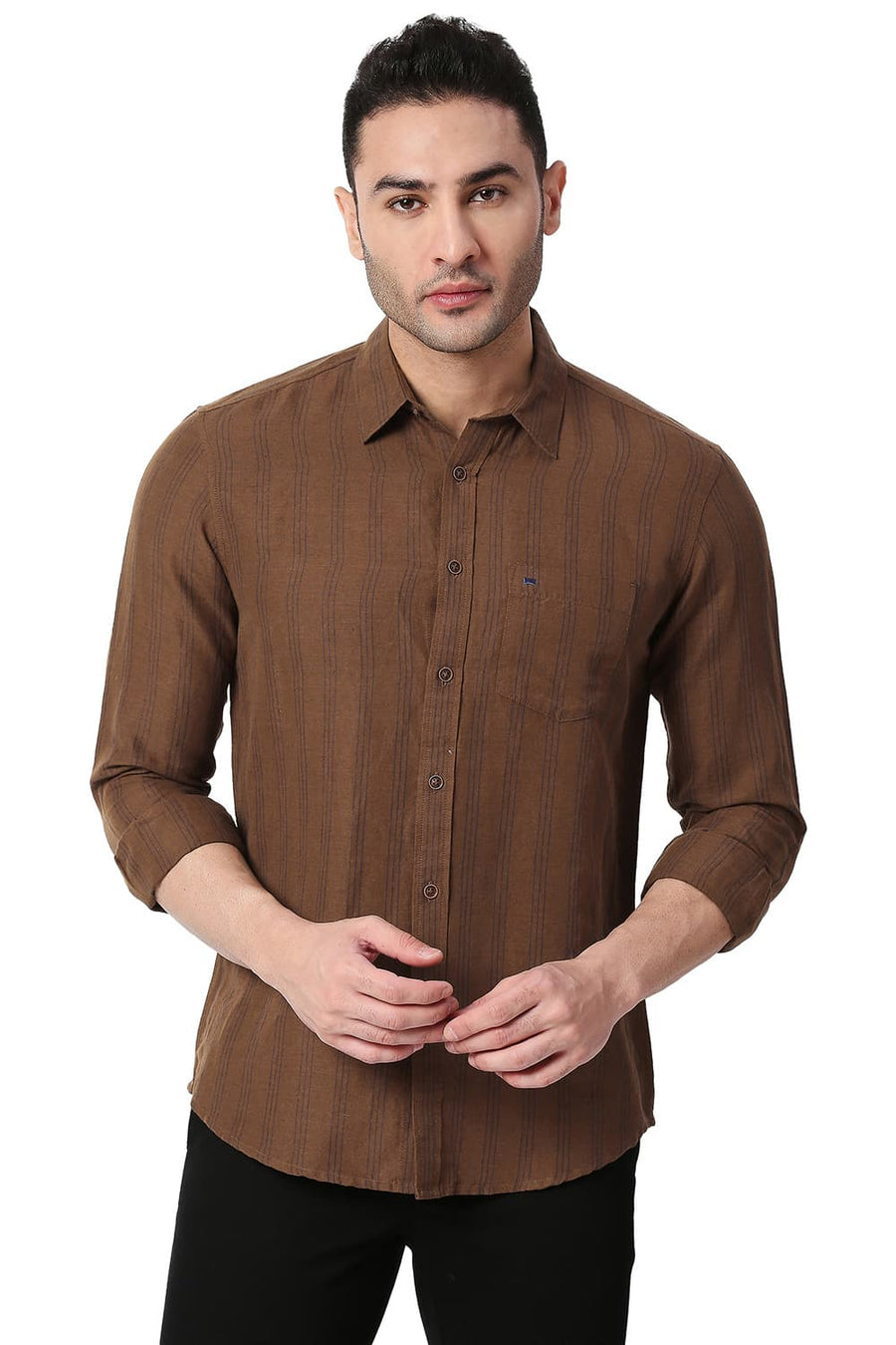 BASICS SLIM FIT COCOA BROWN COTTON LINEN STRIPE SHIRT