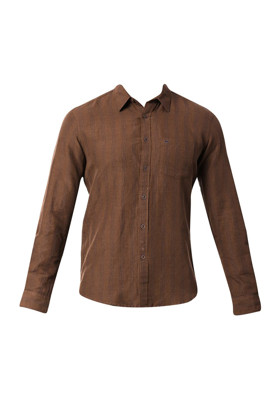 BASICS SLIM FIT COCOA BROWN COTTON LINEN STRIPE SHIRT