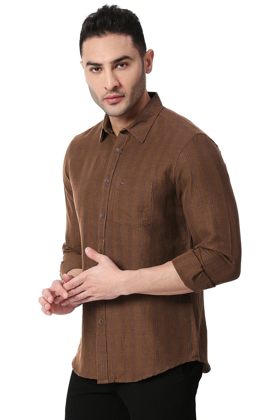 BASICS SLIM FIT COCOA BROWN COTTON LINEN STRIPE SHIRT