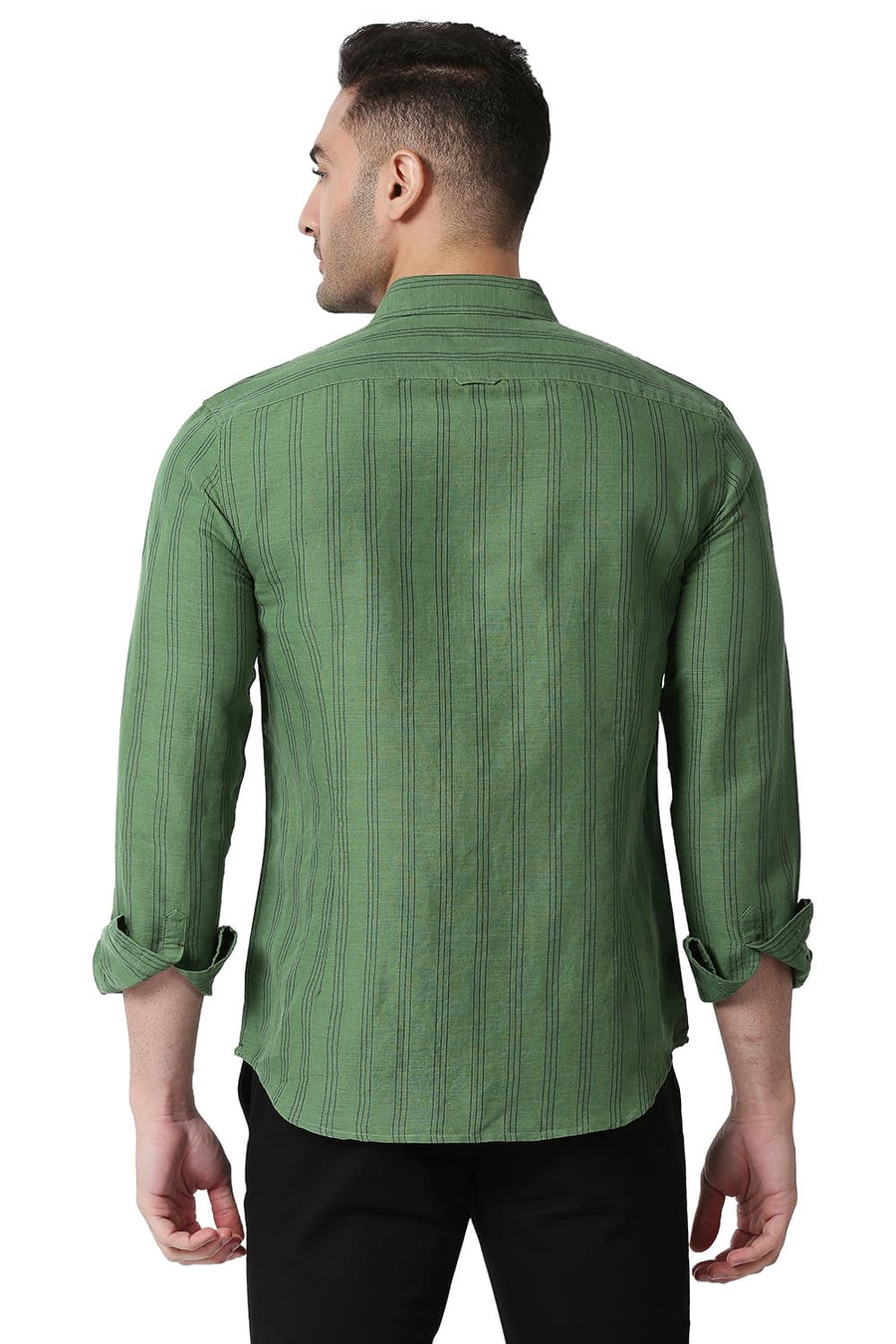 BASICS SLIM FIT MYRTYLE GREEN COTTON LINEN STRIPE SHIRT