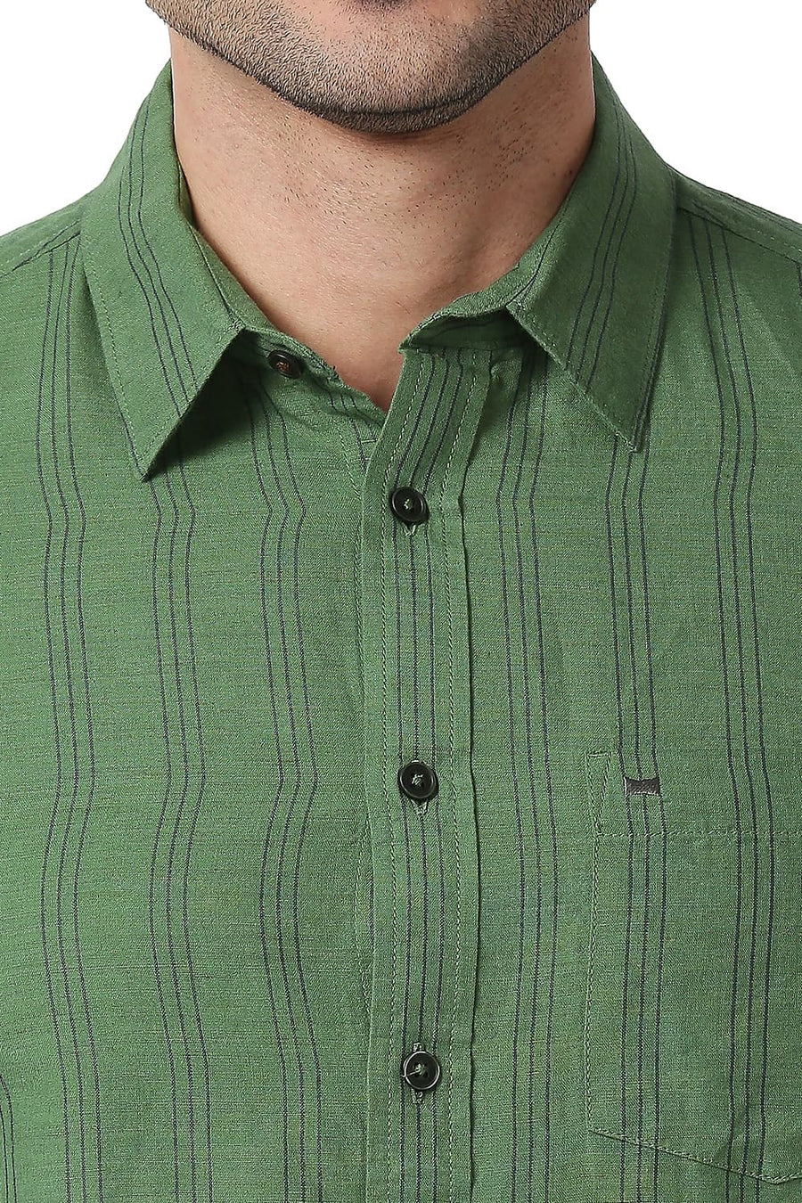 BASICS SLIM FIT MYRTYLE GREEN COTTON LINEN STRIPE SHIRT