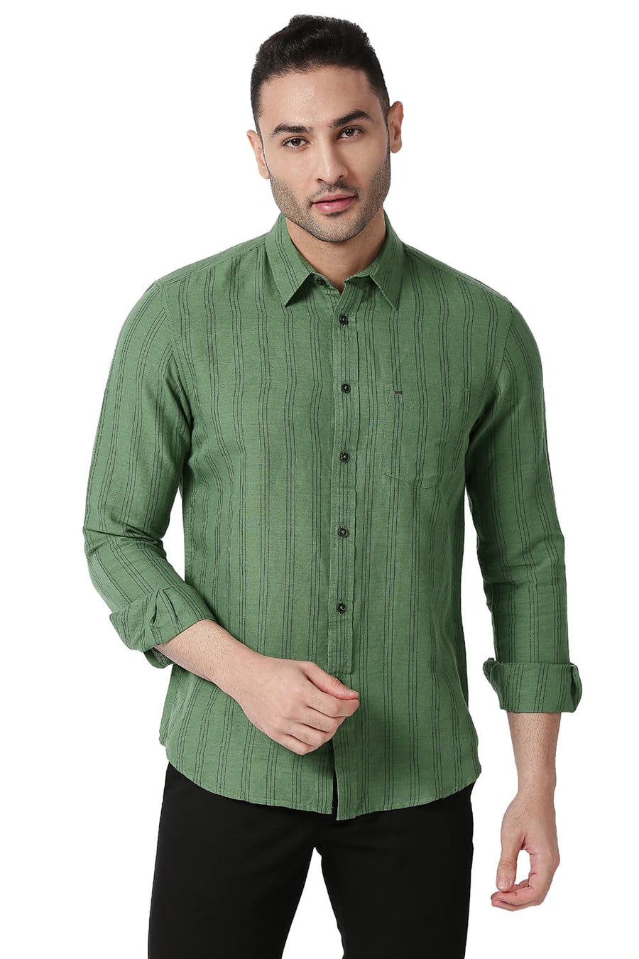 BASICS SLIM FIT MYRTYLE GREEN COTTON LINEN STRIPE SHIRT