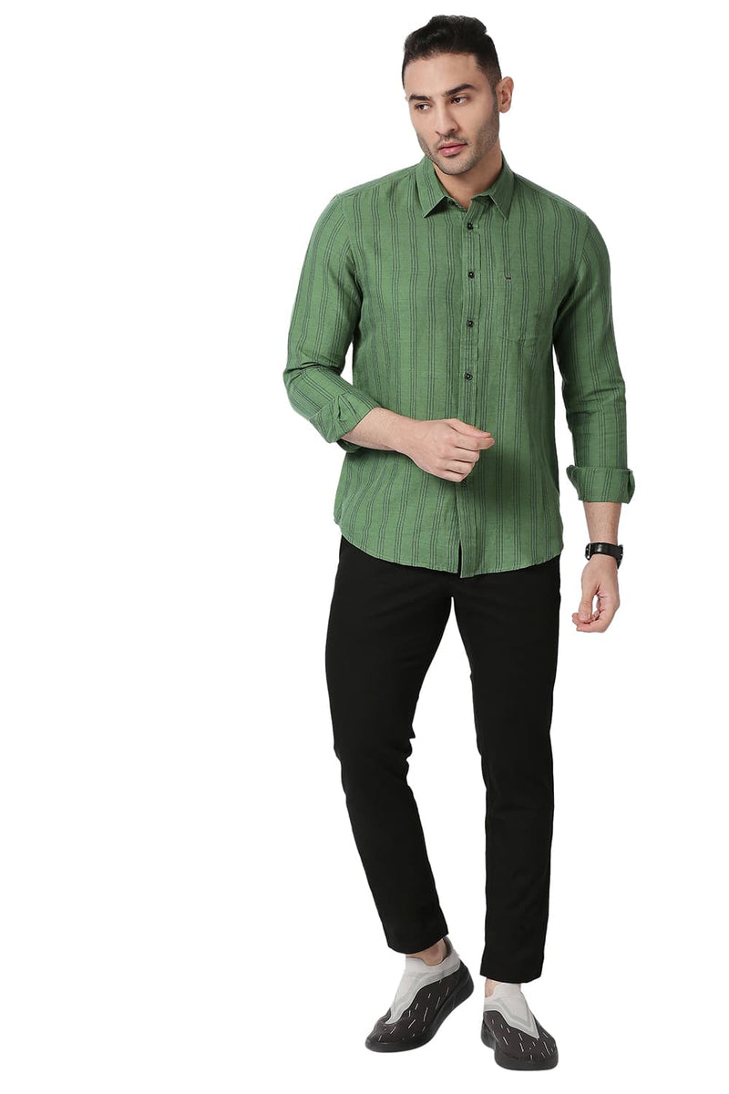 BASICS SLIM FIT COTTON LINEN STRIPE SHIRT