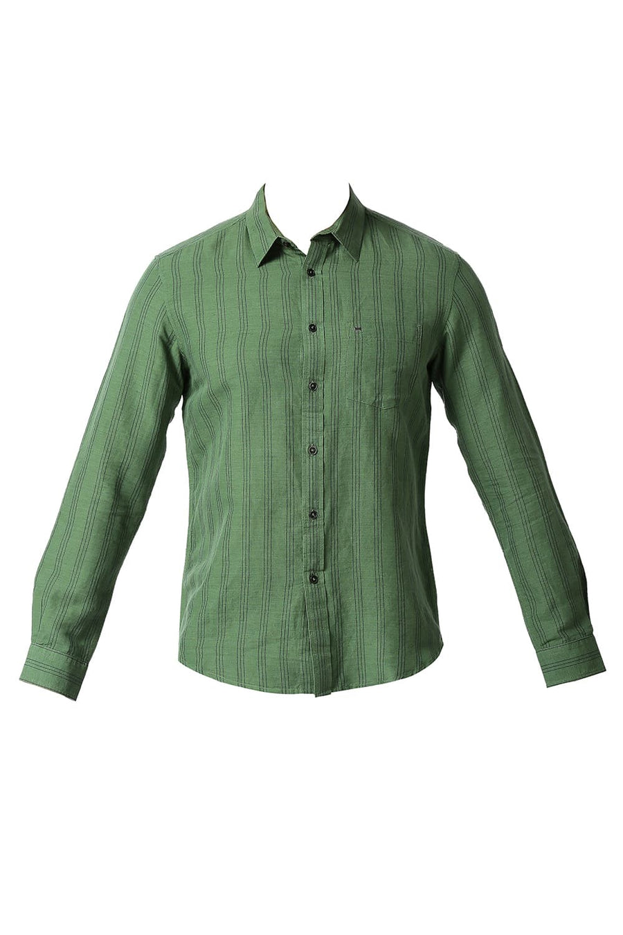 BASICS SLIM FIT MYRTYLE GREEN COTTON LINEN STRIPE SHIRT