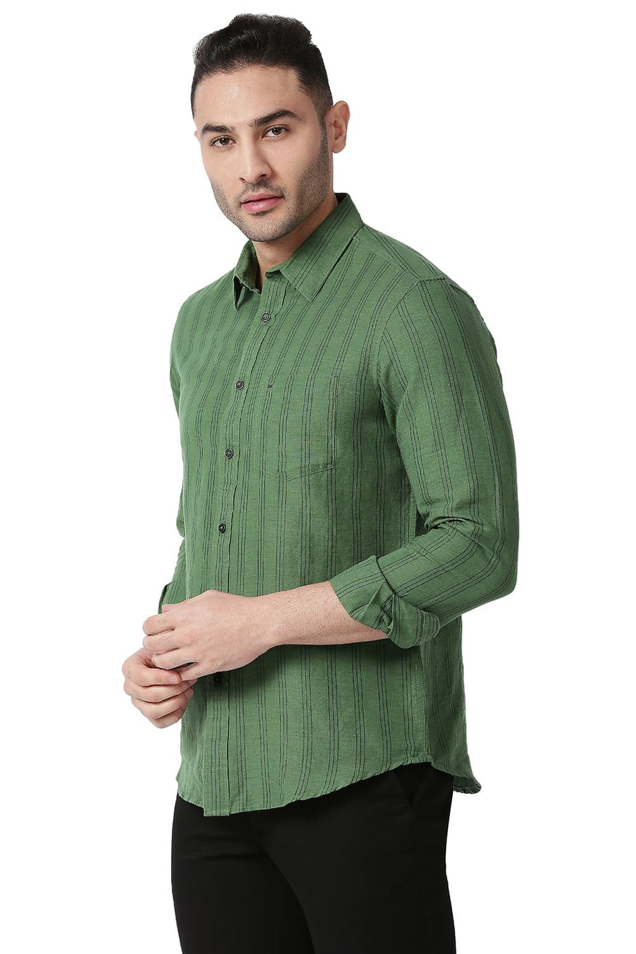 BASICS SLIM FIT MYRTYLE GREEN COTTON LINEN STRIPE SHIRT