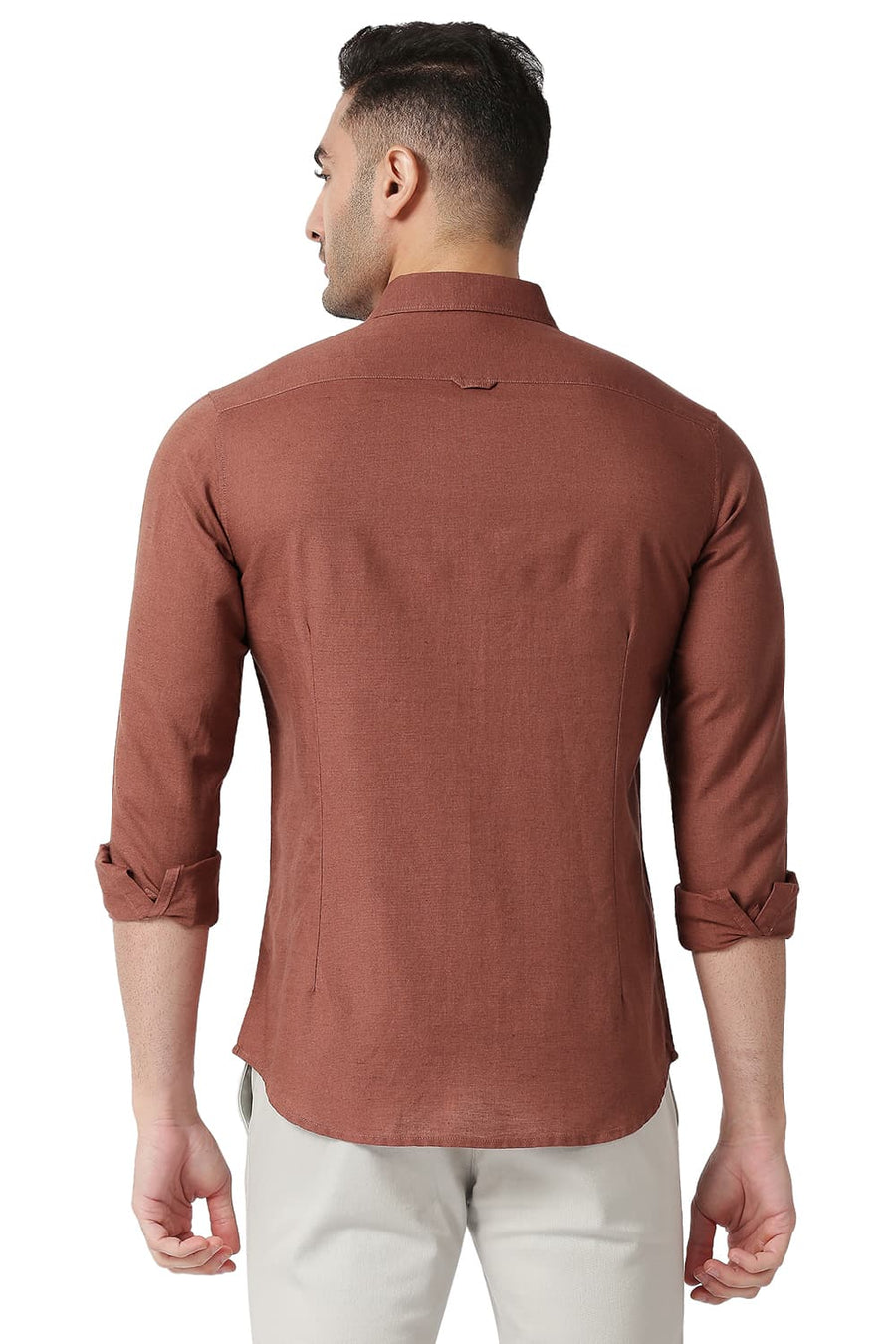 BASICS SLIM FIT ROASTED BRICK COTTON LINEN SHIRT
