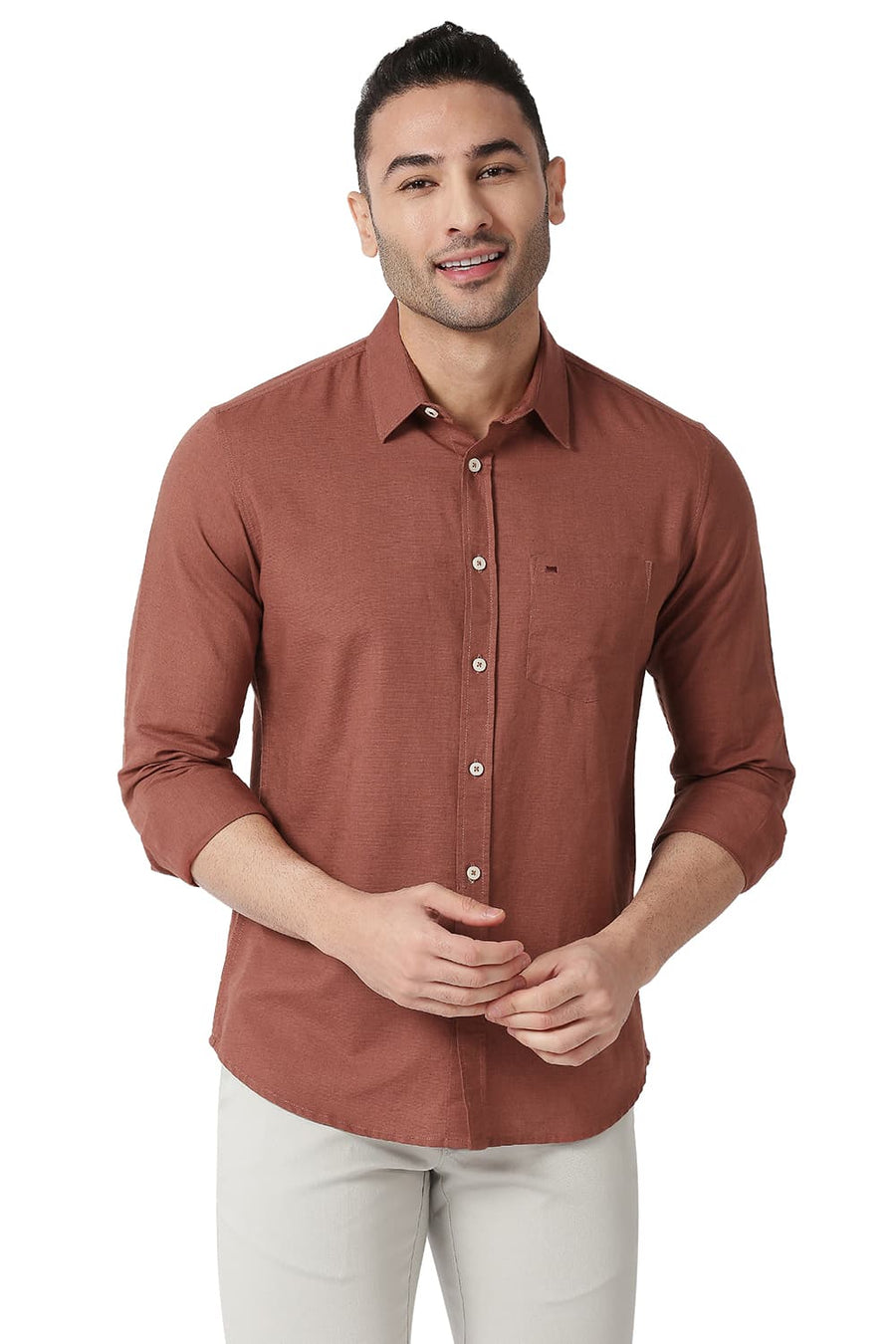 BASICS SLIM FIT ROASTED BRICK COTTON LINEN SHIRT