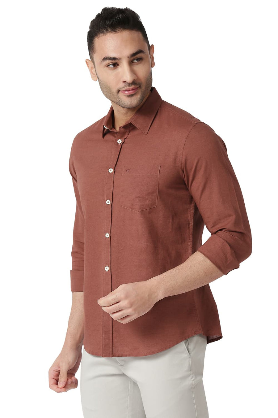 BASICS SLIM FIT ROASTED BRICK COTTON LINEN SHIRT