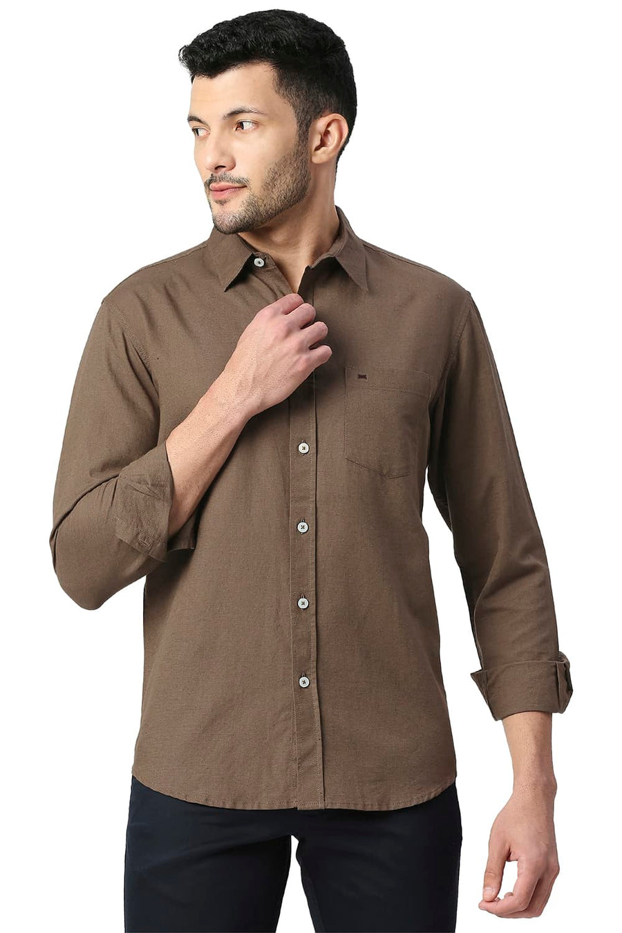 BASICS SLIM FIT BUTTERNUT OLIVE COTTON LINEN SHIRT