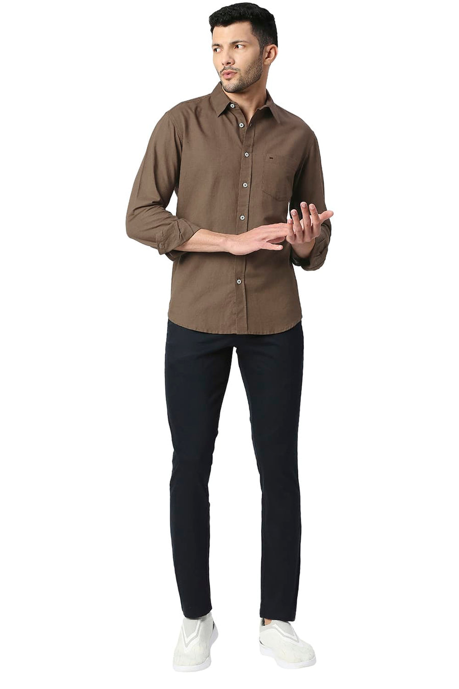 BASICS SLIM FIT BUTTERNUT OLIVE COTTON LINEN SHIRT