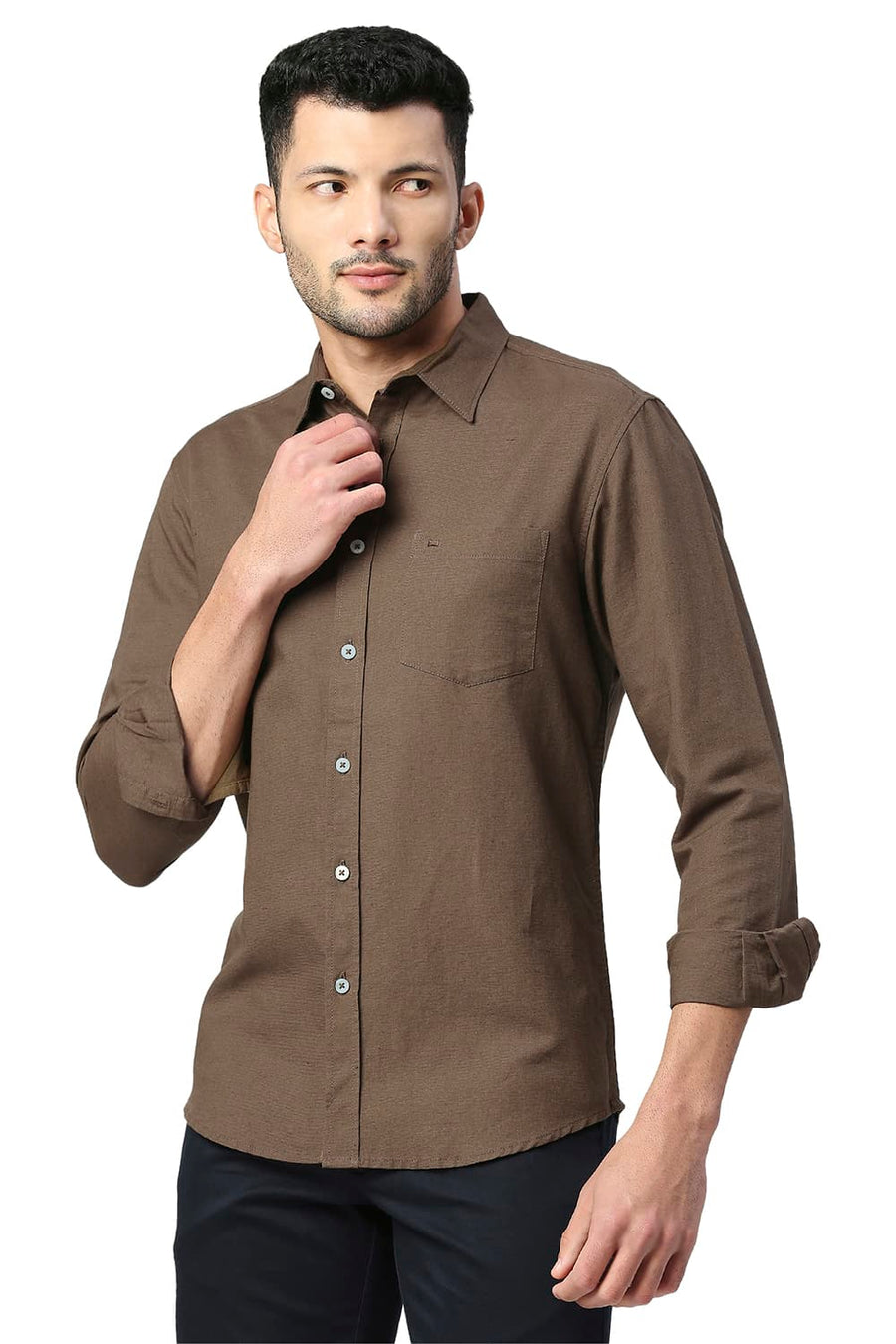 BASICS SLIM FIT BUTTERNUT OLIVE COTTON LINEN SHIRT