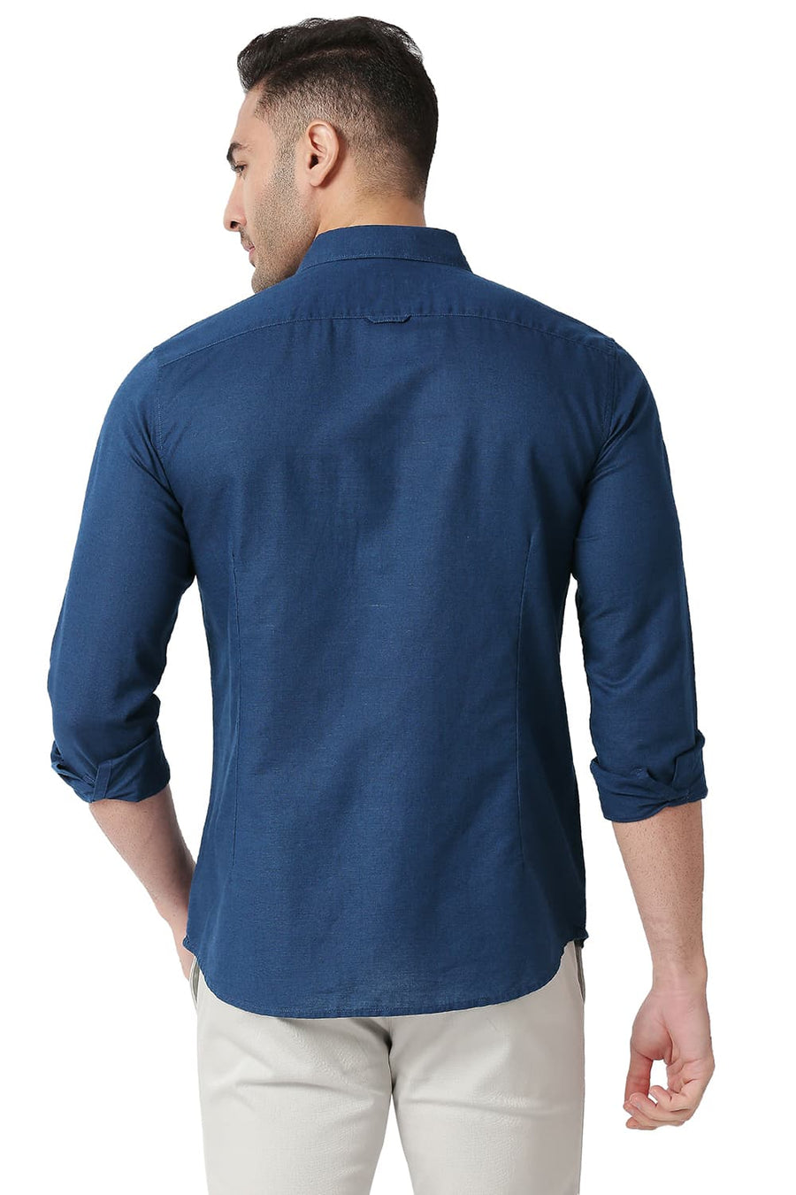 BASICS SLIM FIT INSIGNIA BLUE COTTON LINEN SHIRT