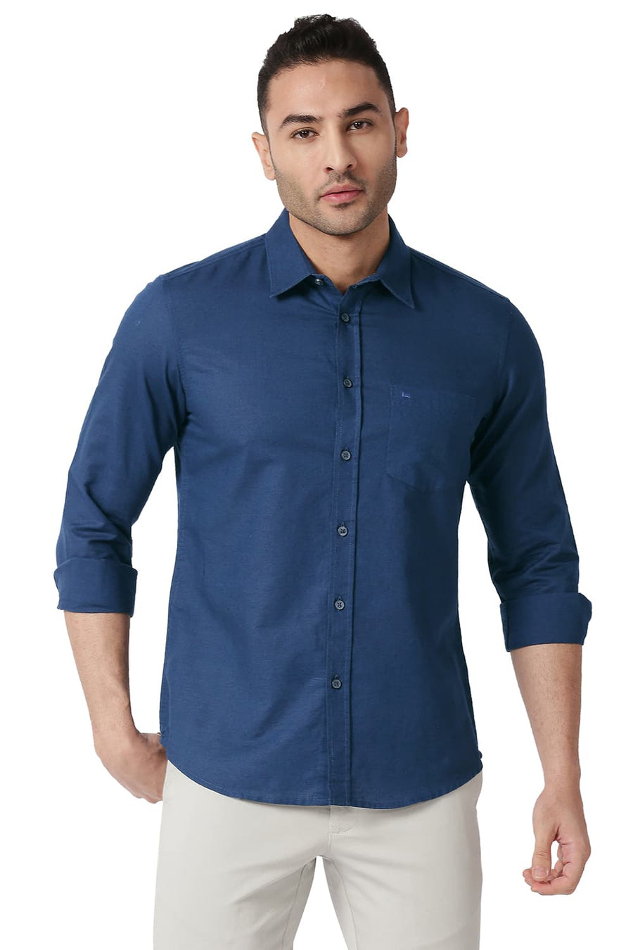 BASICS SLIM FIT INSIGNIA BLUE COTTON LINEN SHIRT