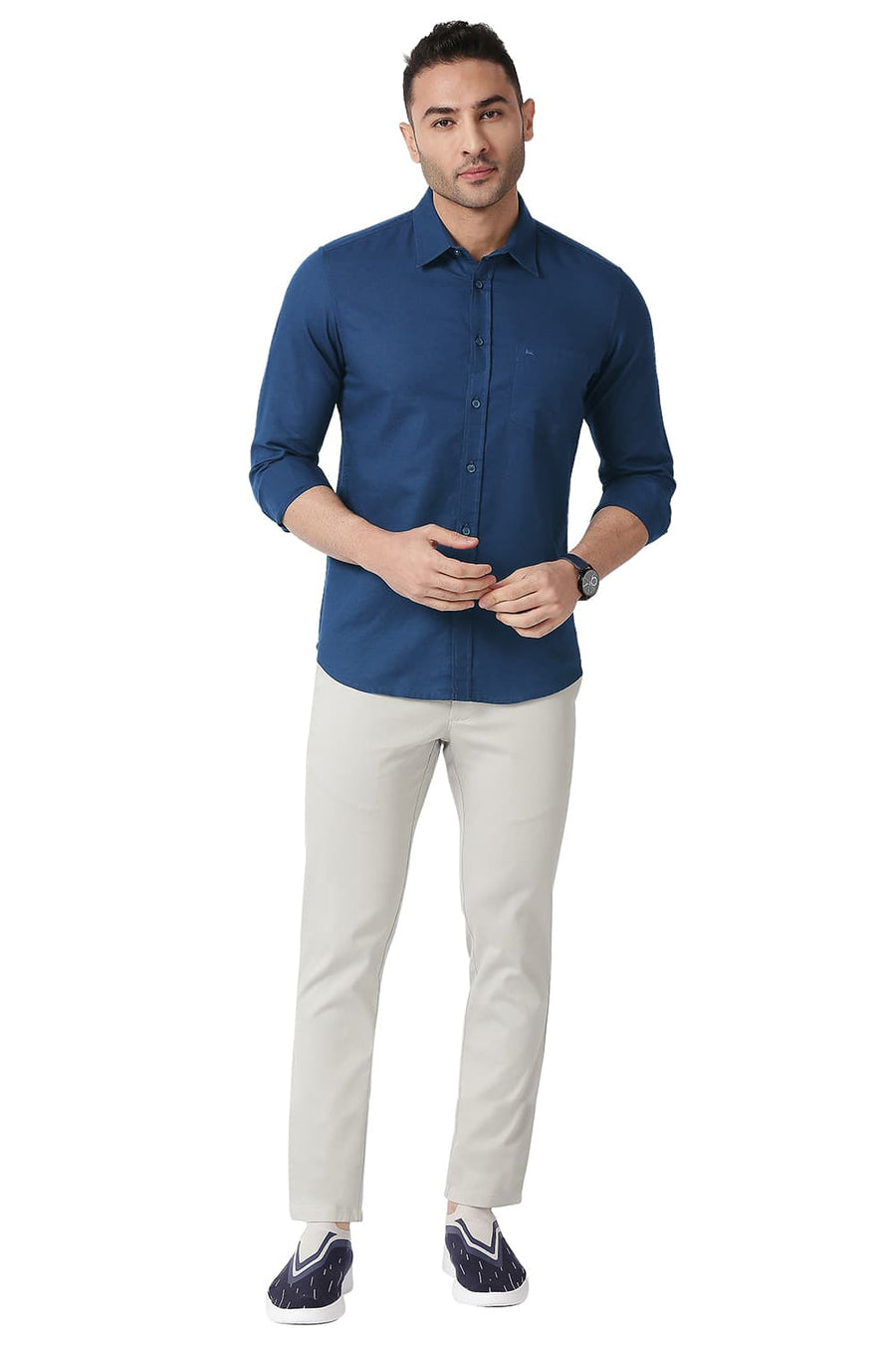 BASICS SLIM FIT INSIGNIA BLUE COTTON LINEN SHIRT