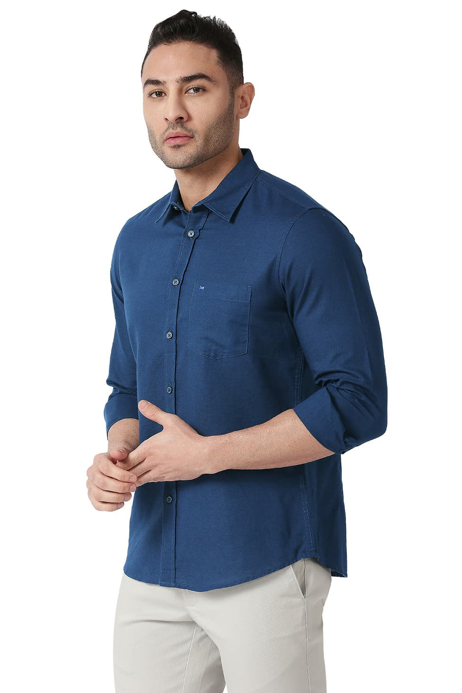 BASICS SLIM FIT INSIGNIA BLUE COTTON LINEN SHIRT
