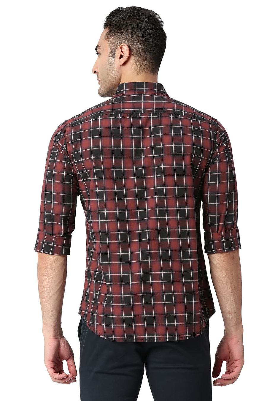 BASICS SLIM FIT BARN RED COTTON CHECKS SHIRT
