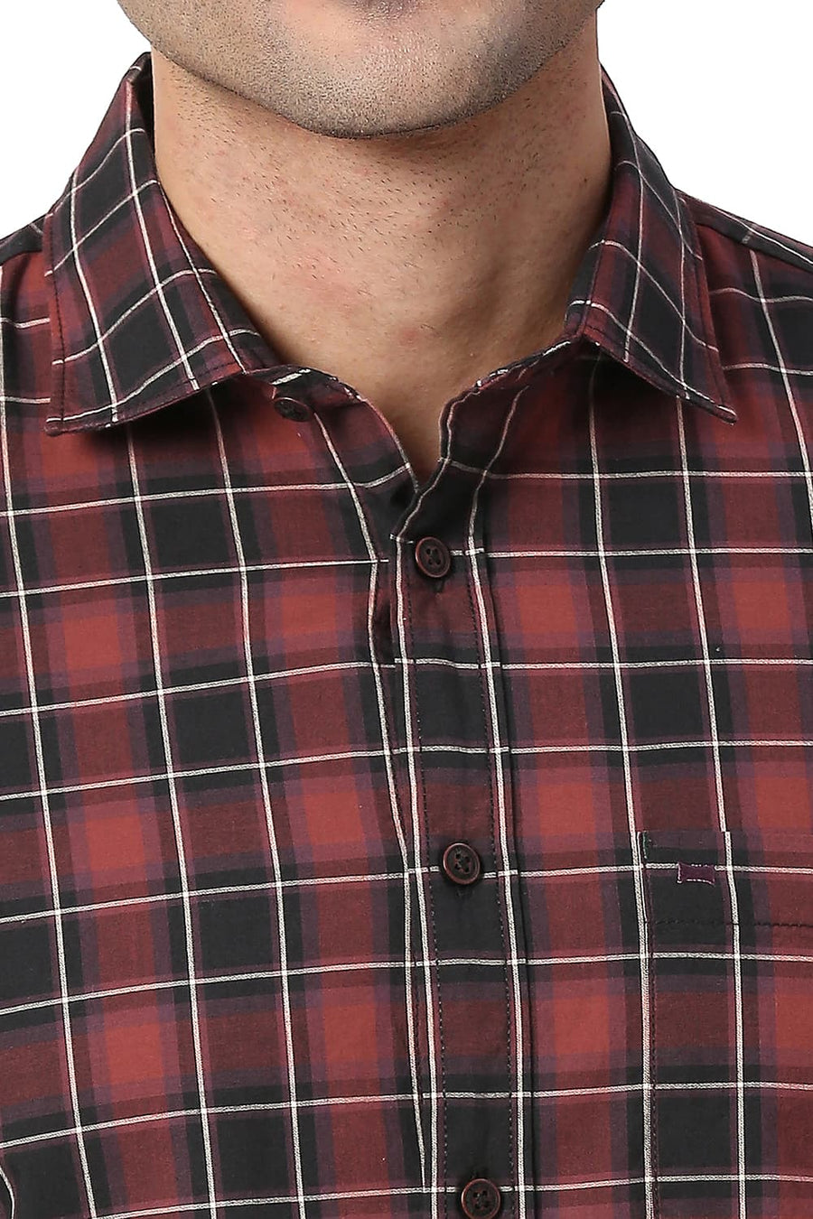 BASICS SLIM FIT BARN RED COTTON CHECKS SHIRT